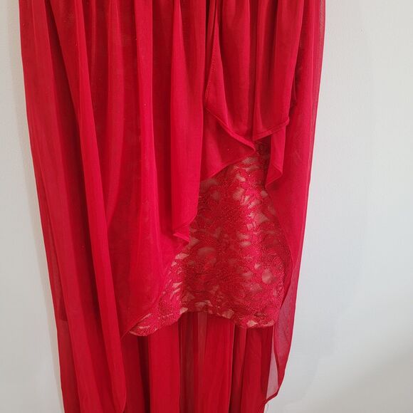 Morgan And Co Womens Off Shoulder Dress Size 3 Red Floral Lace Glitter Formal - Picture 7 of 8